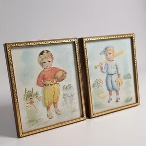 Vintage 1950s Charlotte Becker 3D Sports Prints Set in Gold Frames Wall Art